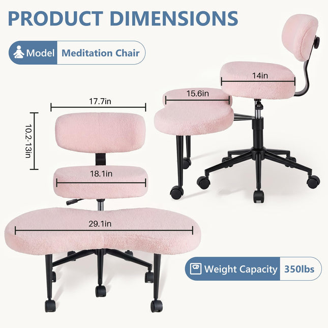 Chaise de bureau ergonomique DUMOS pour TDAH, à jambes croisées, avec dossier réglable, hauteur réglable, chaise de méditation avec repose-pieds pivotant à 360°, tabouret de yoga en tissu Teddy pour bureau à domicile, rose