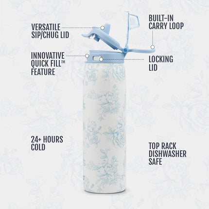 Ello Pop & Fill 32oz Stainless Steel Water Bottle with QuickFill Technology, Double Walled and Vacuum Insulated Metal, Leak Proof Locking Lid, Straw and Chug, Reusable, BPA Free, Porcelain Rose