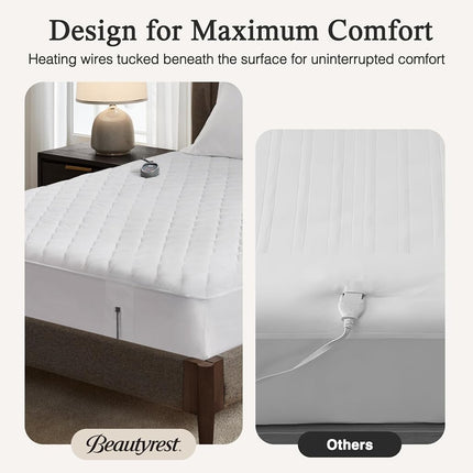 Protège-matelas chauffant Beautyrest Cotton - Couverture chauffante avec contrôleur à 20 réglages de chaleur, minuterie d'arrêt automatique, poches profondes élastiques, certifié UL, lavable en machine, blanc très grand lit jumeau