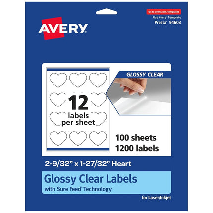 Avery Glossy Clear Heart Labels with Sure Feed, 2-9/32" x 1-27/32", 1,200 Glossy Clear Labels, Print-to-The-Edge, Laser/Inkjet Printable Labels
