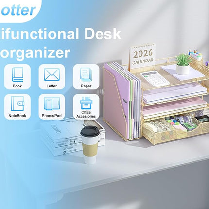 gianotter Paper Letter Tray Organizer with File Holder, 4-Tier Desk Accessories & Workspace Organizers with Drawer and 2 Pen Holder, Desk Organizers and Accessories for Office Supplies, 4T-2