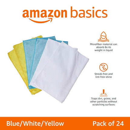 Amazon Basics Microfibre Cleaning Cloth, Pack of 24, Multi Colored, Blue, Orange & White, 40.5 cm x 30.5 cm