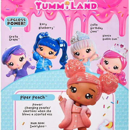 Yummiland Large Doll and Num Nom Lipgloss Pet - Piper Peach and Swirlyboo - Scented Character Doll with DIY Lipgloss Kit - Suitable for Kids Ages 4+