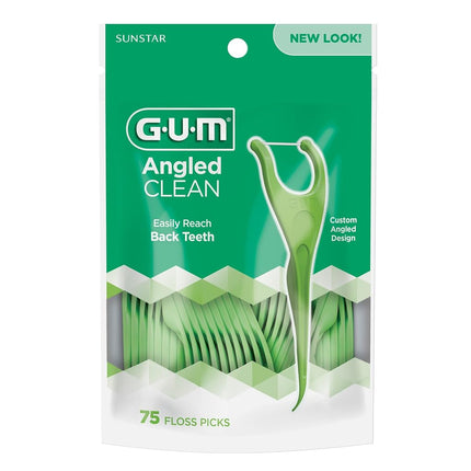 GUM Angled Flosser Picks, Easily Reaches Back Teeth, Fresh Mint Flavour, Lime Green, 75 Flossers (1 Bag)