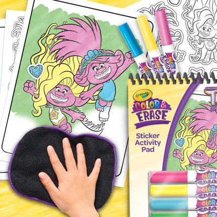 CRAYOLA Trolls Color & Erase Sticker Activity Pad, 12 páginas reutilizables para colorear de Trolls y 100 calcomanías, regalo