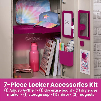 LockerMate Adjust-A-Shelf 6-Piece Locker Accessories Set, Extends to Fit Your Locker, Includes Storage Drawer, Mirror, Whiteboard, Storage Cup, Pink (50924KIT-FCH)