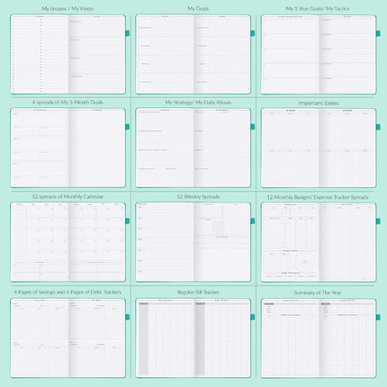 GoGirl Planner PRO - Undated Horizontal Layout Weekly Planner and Organizer + Budgeting and Expense Tracking Pages, Goals Journal & Agenda, 18 x 25.5cm, Hardcover, Lasts 1 Year - Turquoise