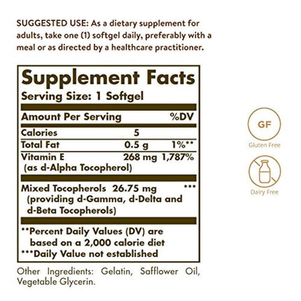 Solgar Natural Source Vitamin E 268 mg (400 IU) Softgels - Pack of 250 - Protects Cells from Oxidative Stress - Immune System Support - Vegan and Gluten Free