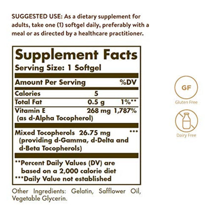 Solgar Natural Source Vitamin E 268 mg (400 IU) Softgels - Pack of 250 - Protects Cells from Oxidative Stress - Immune System Support - Vegan and Gluten Free
