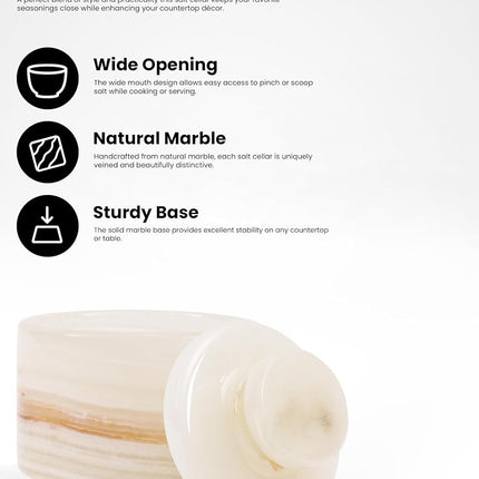 Marble Salt Cellar 3 Inch White Onyx Salt Holder with Lid for Spice Jar & Stone Salt Container, Modern Sugar Bowl
