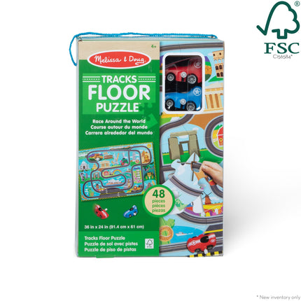 Melissa & Doug Race Around the World Tracks Cardboard Jigsaw Floor Puzzle and Wind-Up Vehicles | Educational Toys for Kids | Age 3+ - FSC Certified