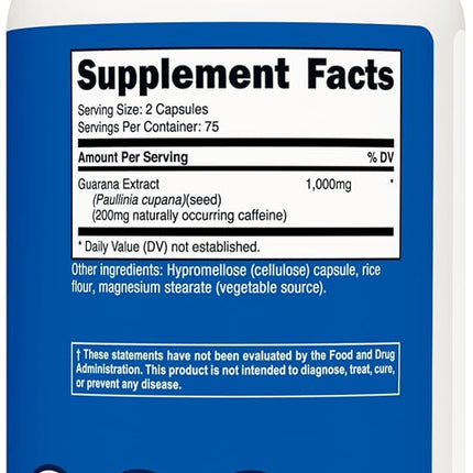 Nutricost Guarana 1000mg Serving, 150 Vegetarian Capsules - Natural Herbal Brazilian Caffeine Energizer Supplement