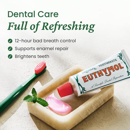 EUTHYMOL Original Toothpaste (3.7fl oz, Pack of 5) - Fluoride-Free Toothpaste for Sensitive Teeth & Gum. Bad Breath, Cavity Prevention, 12-Hour Long Lasting Freshness with Wintergreen.