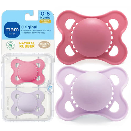 MAM Original Pure Pacifier, Climate Neutral MAM Natural Rubber Pacifier, Sustainable & Bio-Renewable Raw Materials, Sterilizer Case, Girl, 0-6 Months, 2-Pack