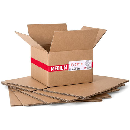 Paclord 6 Pack Medium Cardboard Boxes 12" L x 12" W x 8" H - Made in USA Packaging Boxes for Moving, Shipping or Storage - Approved by