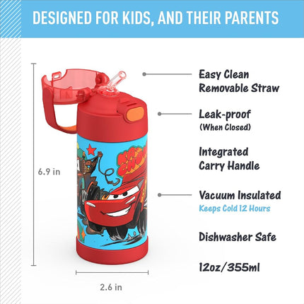 THERMOS FUNTAINER 12 Ounce Stainless Steel Vacuum Insulated Kids Straw Bottle, Cars