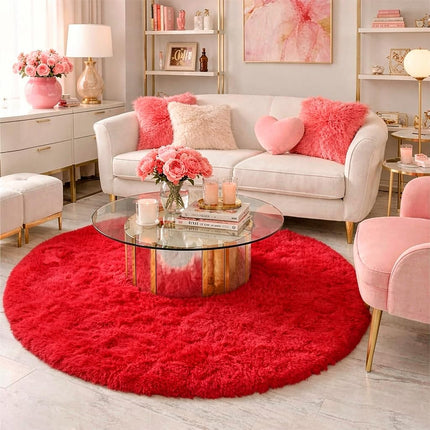 Amdrebio Red Round Rug - Fluffy Circle Carpet, 5'X5', Plush for Bedroom, Kids, Teen Girls, Nursery, Dorm, Baby Room Decor