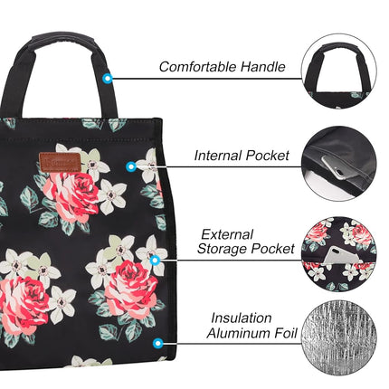 Lunch Bags for Women Insulated Reusable Lunch Tote with Internal Pocket, Lunch Tote Bag for Work (Flower)