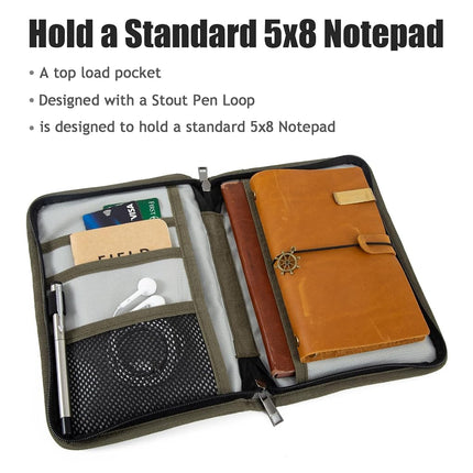 Zipper A5 Notebook Journal Planner Sketchbook Cover, Water Resistant Waxed Canvas Pocket Pocket Field Notes Cover for Journal Notebook Password Planner Book with Pen Loop (8.6"x6.9", Olive)