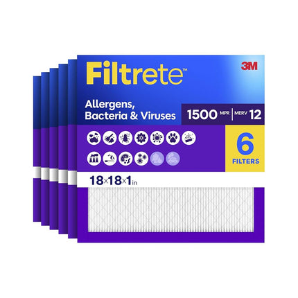 Filtrete 18x18x1 Air Filter, MPR 1500, MERV 12, Healthy Living Ultra-Allergen 3-Month Pleated 1-Inch Air Filters, 6 Filters