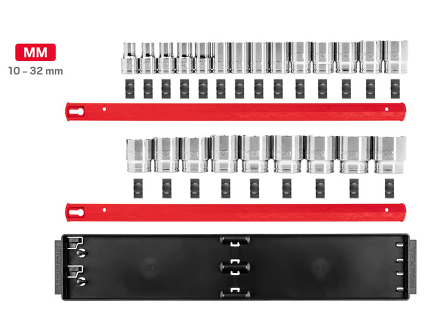 TEKTON 1/2 Inch Drive 12-Point Socket Set with Rails and Tray, 23-Piece (10-32 mm) | SHD92120