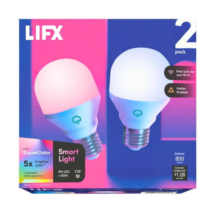 LIFX Color, A19 800 lumens, Wi-Fi Smart LED Light Bulb, Billions of Colors and Whites, No Bridge Required, Compatible with Alexa, Hey Google, HomeKit and Siri (2 Pack)