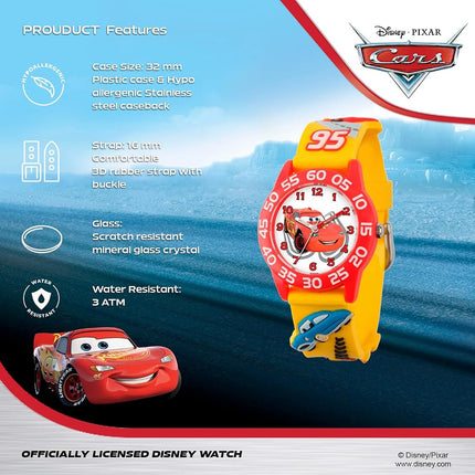 Disney Kids' W001509 Time Teacher 3D Cars Watch with Yellow Plastic Band