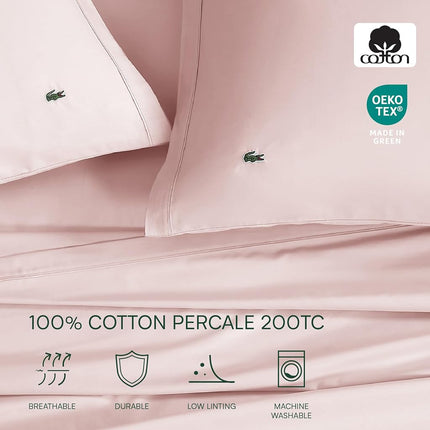 Lacoste 100% Cotton Percale 4-Piece Sheet Set – Cool, Crisp, Matte, and Durable, Oeko-Tex Certified – Solid, Iced Pink, Queen