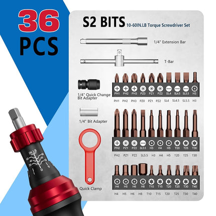 SUERCUP 10-60In.lb 1/4" Torque Screwdriver 36 PCS Set with T-bar, Hex, Torx, and Phillips S2 Bits,Torque Wrench Screwdriver for Scope and Car, Bike Mounting and Home DIY