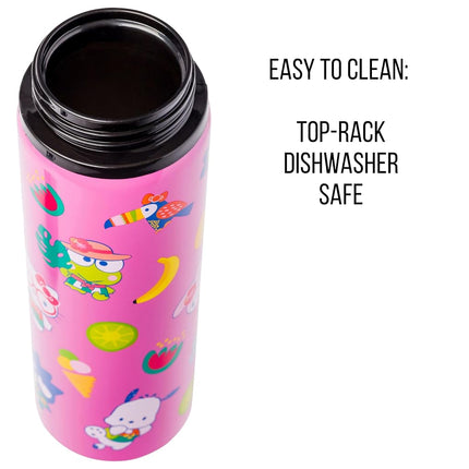 Silver Buffalo Sanrio Hello Kitty and Friends Tropical Stainless Steel Water Bottle Featuring Keroppi, Tuxedo Sam, Badtz-Maru, and Pochacco, 25 Ounces