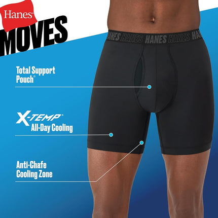 Hanes Men's Moves Performance Boxer Brief, Total Support Pouch, Trunk, and Long Leg, 3-Pack, Red/Grey/Black-Regular-3 Pack, XXL (Pack of 3)