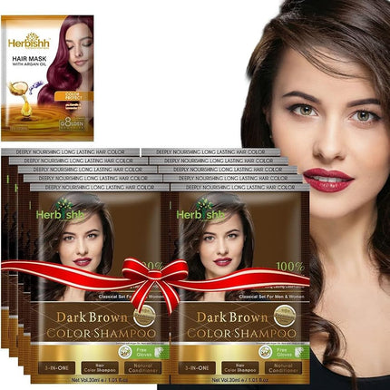 Herbishh Hair Color Shampoo for Grey Hair – Hair Dye Shampoo with Bio-Active Ingredients – Long Lasting Color – Travel-Friendly Pack (10 x 30ml Sachets) + 1 Pack Hair Mask Sachets (Dark Brown)