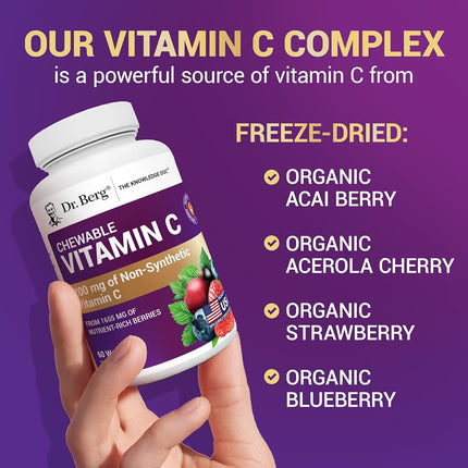 Dr. Berg's Vitamin C Complex Whole Food (60 Chewable) 100% Natural Vitamin C from Just 4 Berries, Non-GMO