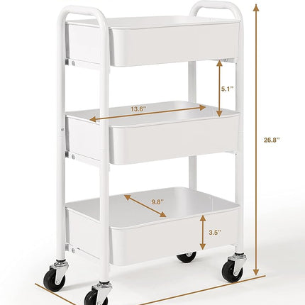 SunnyPoint Chariot de rangement mobile compact en métal à 3 niveaux – Chariot de service de cuisine/sous le bureau avec roulettes (WHT, Compact (15,5" X 26,8" X 10,27"))