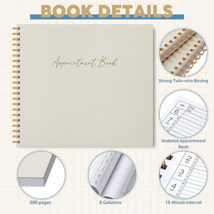 Maitys 2026-2027 Large 6 Column Salon Appointment Book for Hairstylist Spa Business, Hourly Planner 15 Minute Interval, 200 Pages Undated 6 Am 9 Pm Spiral Bound Checklist Planner(Beige, Minimalist)