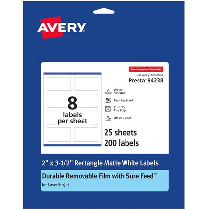 Avery Durable ID Labels with Sure Feed, 2" x 3.5", 200 White Labels, Print-to-The-Edge, Removable Label Adhesive, Laser/Inkjet Printable Labels