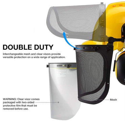 NEIKO 53880A 5-in-1 Forestry Safety Helmet with Hearing and Face Shield Protection | Heavy Duty Construction Hard Hat | Removable Ear Muffs | Steel Mesh and Polycarbonate Visors | Adjustable Size