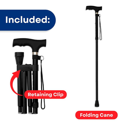Canne pliante RMS – Canne de marche déportée en aluminium pliable, réglable et légère – Canne de marche pliable avec poignée Derby ergonomique – Aide à la vie quotidienne idéale pour la mobilité réduite (Noir)