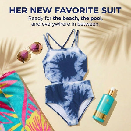 Kanu Surf Girls' Beach Sport Cut-Out One Piece Swimsuit, Beach Girl Denim, 6
