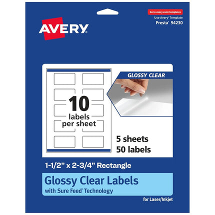 Avery Glossy Clear Rectangle Labels, 1.5" x 2.75", 50 Clear Labels, Print-to-The-Edge, Laser/Inkjet Printable, Sure Feed Technology