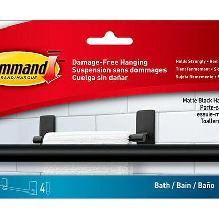 Command Hand Towel Bar Matte Black with Water Resistant Strips, Bathroom D�cor, 9 in Bar Length Holds up to 3 lbs