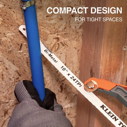 Klein Tools 31432 Medium Cut Compact Hand Saw, 24-Inch TPI Bi-Metal Blade Hand Saw Cuts Thin Wall Copper and Aluminum, PVC, PEX, ABS Tubes and Wood in Tight Spaces