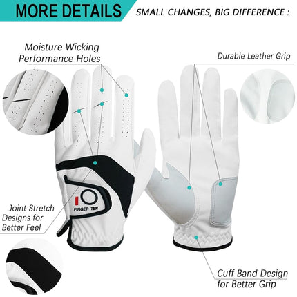 FINGER TEN Golf Gloves Men Left Hand Right Leather 5 Pack, Mens Golf Glove All Weather Grip, Fit Size Small Medium ML Large XL (White(Men Gloves), X-Large(Worn On Left Hand))
