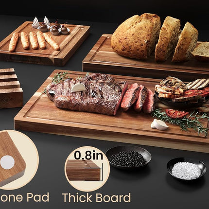 Fibogollo Set of 3 Large Acacia Wood Kitchen Cutting Boards with Holder