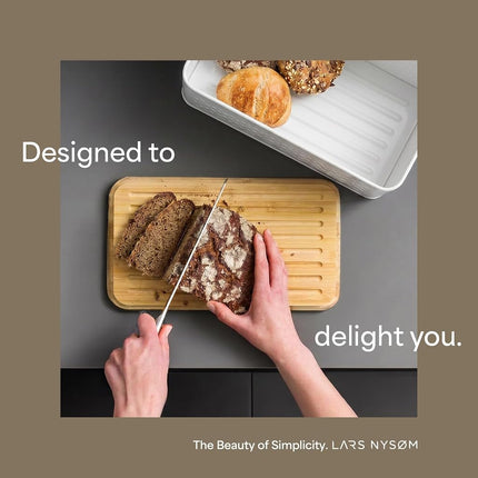 LARS NYSØM Bread Box I Metal bread box for long lasting freshness with non-slip pads I Baked goods Bin with bamboo lid usable as cutting board I 34.5x18.5x15.8cm (Ash Gray)