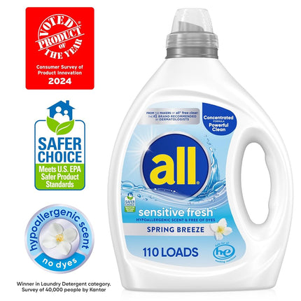all Sensitive Fresh Liquid Laundry Detergent, Hypoallergenic Spring Breeze Scent & Free of Dyes, Gentle for Sensitive Skin, 82.5 oz, 110 Loads, HE Compatible
