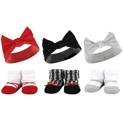 Hudson Baby Girl's Headband and Socks Giftset, Red Houndstooth Bows, 6 Count (Pack of 1)