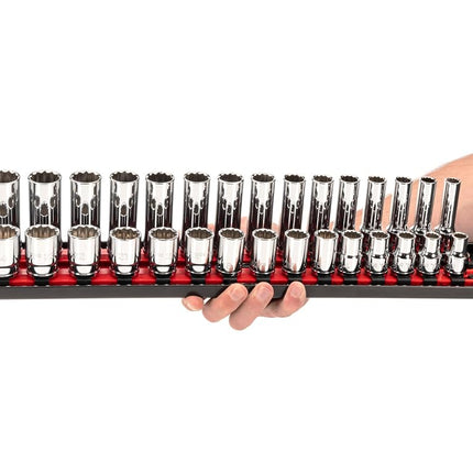 TEKTON 1/2 Inch Drive 12-Point Socket Set with Rails and Trays, 52-Piece (3/8-1 in., 10-24 mm) | SHD92214