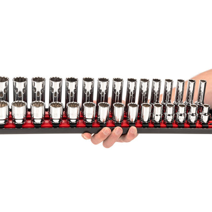 TEKTON 1/2 Inch Drive 12-Point Socket Set with Rails and Trays, 52-Piece (3/8-1 in., 10-24 mm) | SHD92214