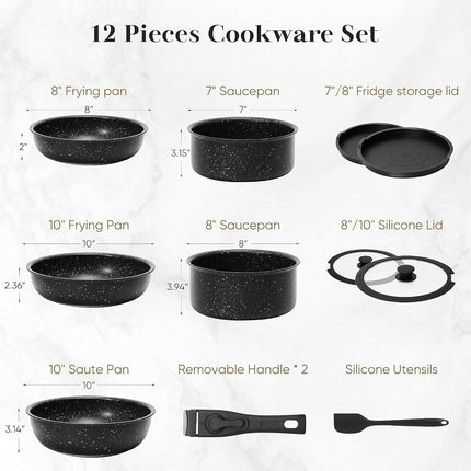 Cookware Set, Pots and Pans Set Non Stick, 12 Pcs Cooking Pot Kitchen Set with Frying Pan and Sauce Pans, Dishwasher and Oven Safe, PFAS, PFOA, PFOS Free, Black